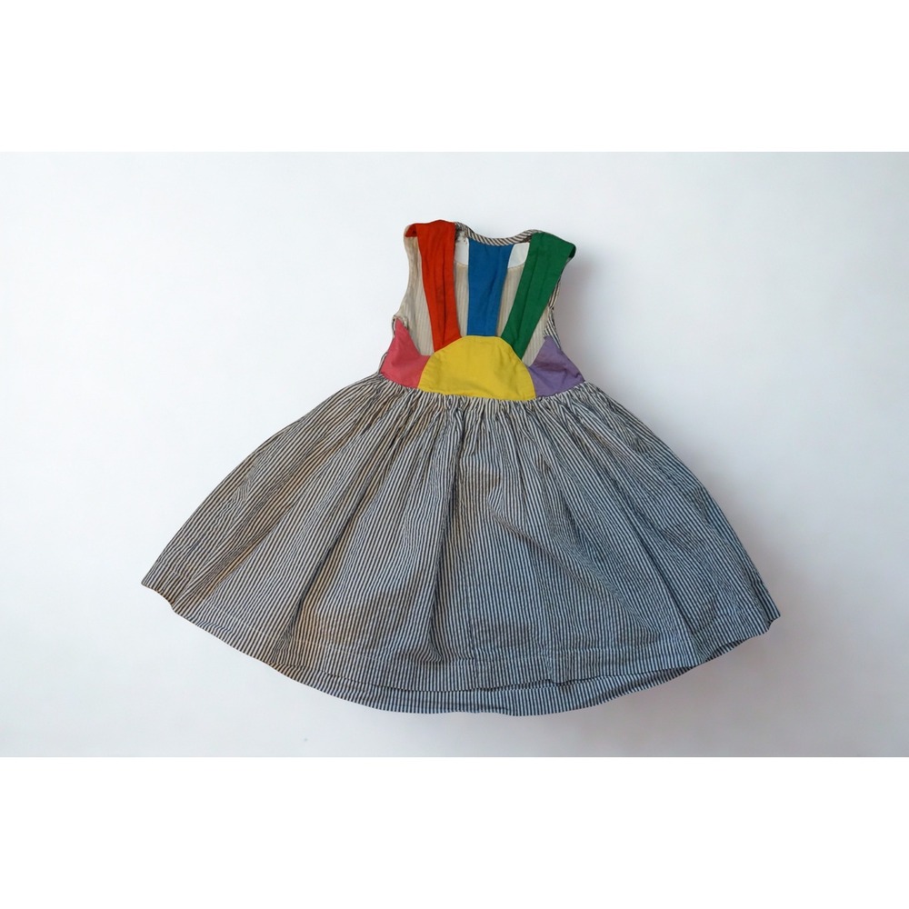 Mini Boden Girls Seersucker Stripe Sunburst Back Dress Blue White 6-7Y